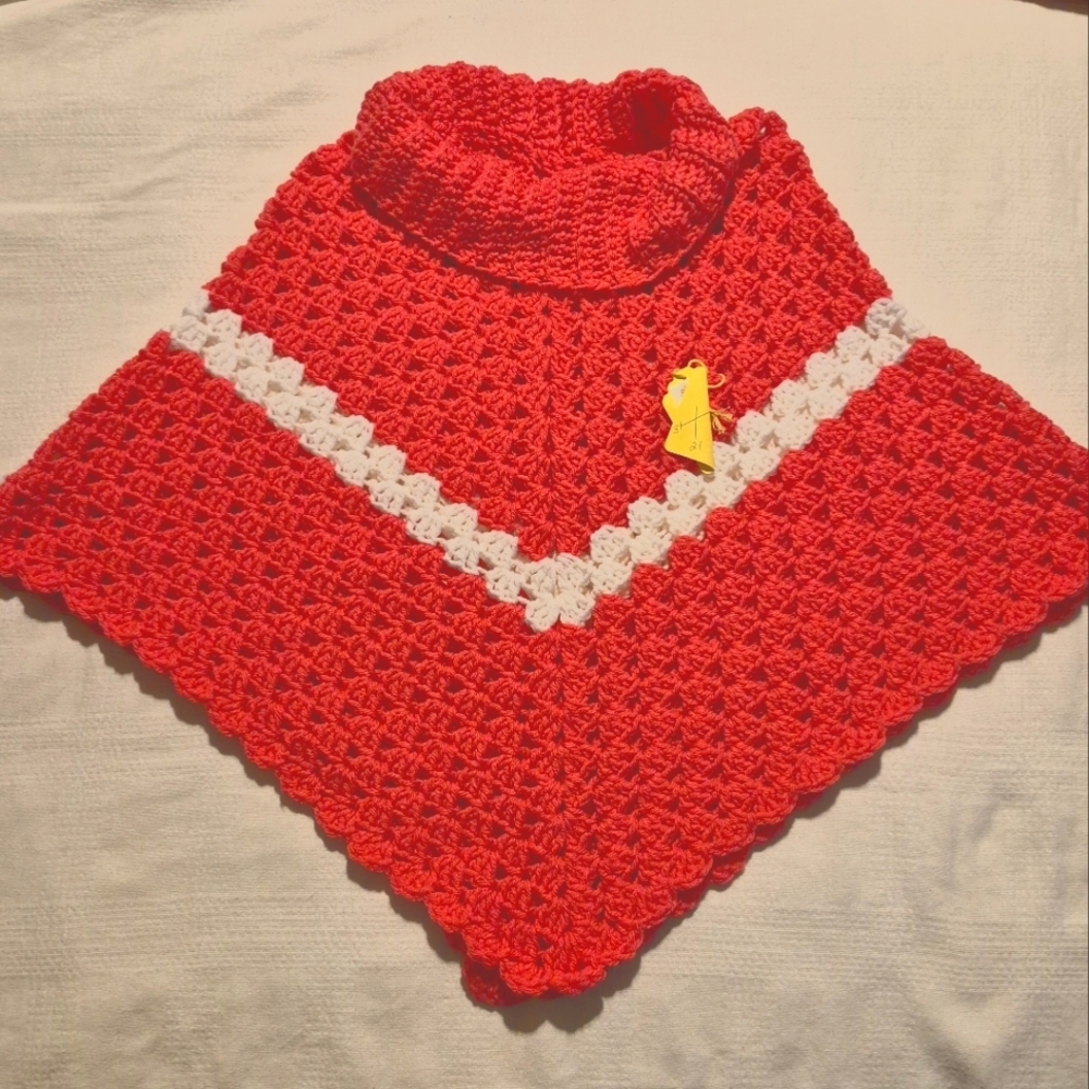 Handcrafted cowl neck poncho girls large coral with white stripe NEW